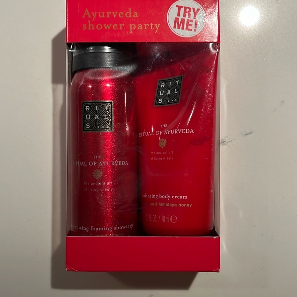 Rituals Ayurveda shower party travel size body foam and cream.